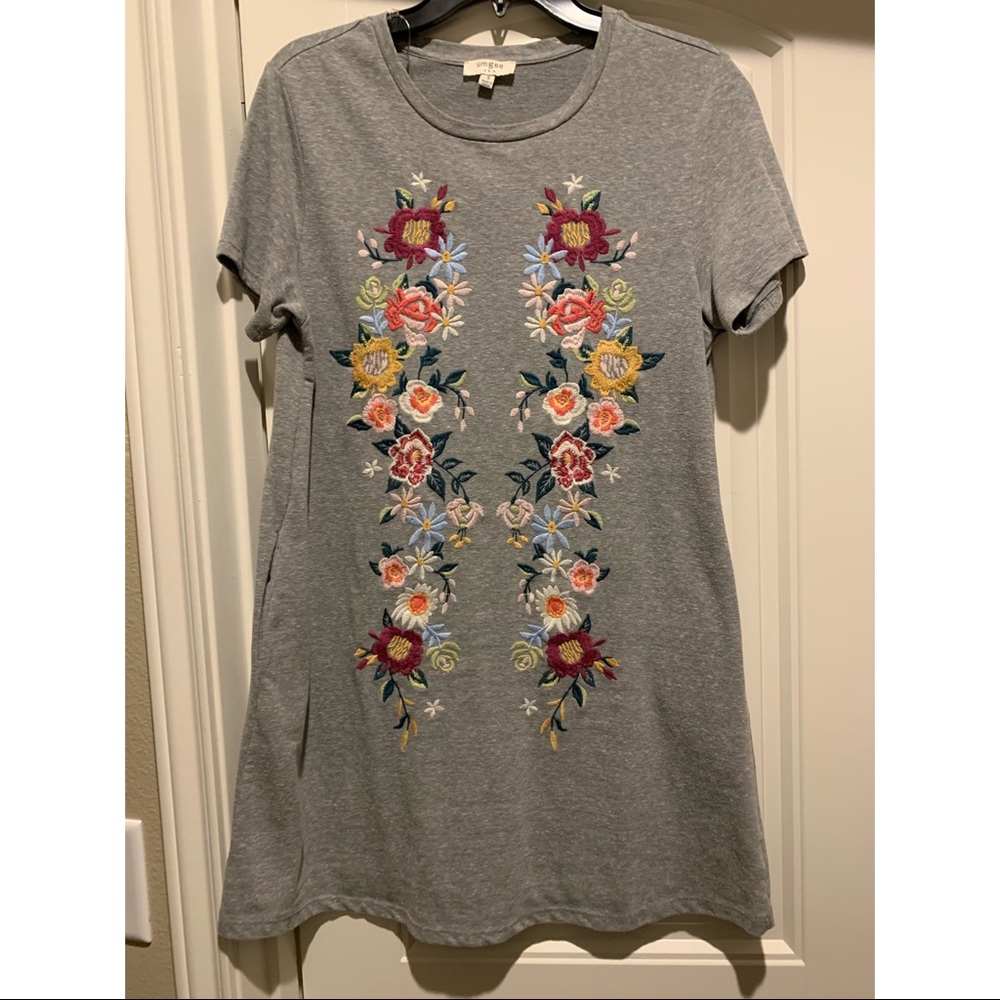 Grey floral embroidered t shirt dress WITH POCKETS